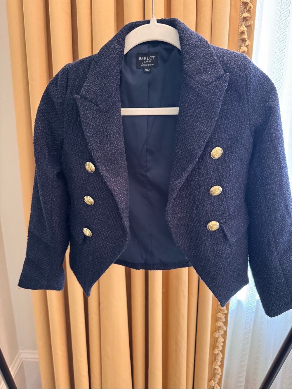 Bardot Junior Navy Double-Breasted Boucle Blazer with Gold Buttons